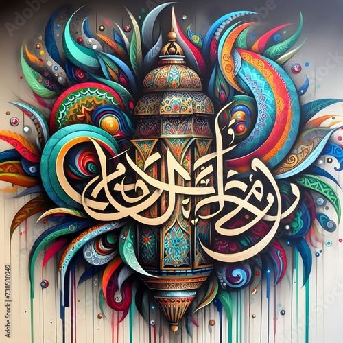 3d painting of Islamic lanterns Eid lamps with the word Ramadan wallpaper