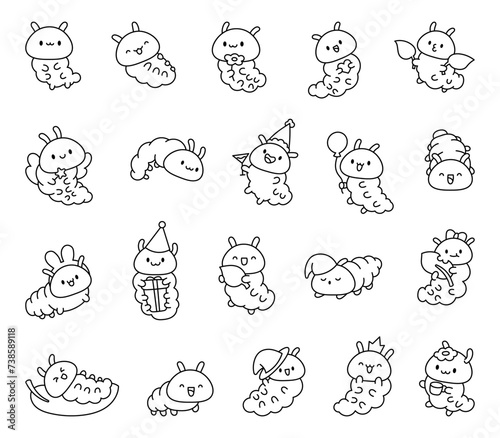 Cute kawaii caterpillar. Coloring Page. Cartoon little insect characters. Hand drawn style. Vector drawing. Collection of design elements.