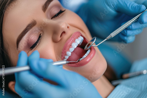 Woman receiving dental care from dentist in clinic. Dental health and hygiene.
