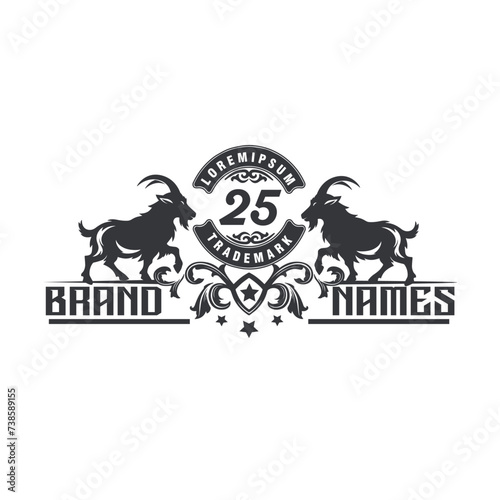 horned goat ornament vintage badge logo vector illustration