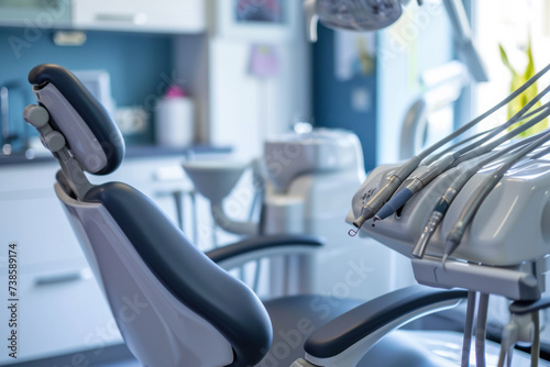 Modern dental clinic interior with professional chair and tools. Health and medicine.