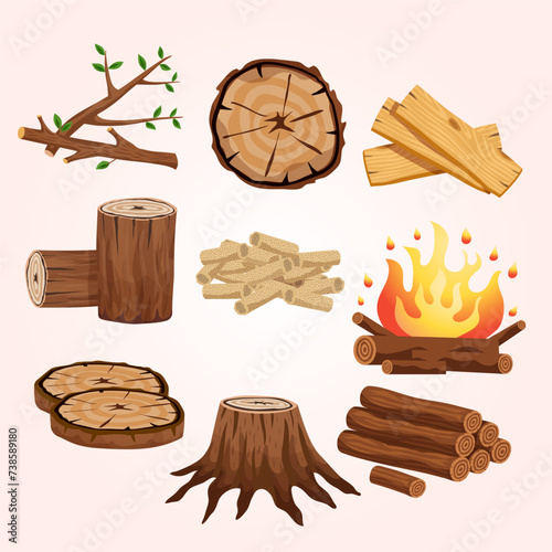 firewood flat elements collection with tree stump branches cut logs circular segments planks campfir
