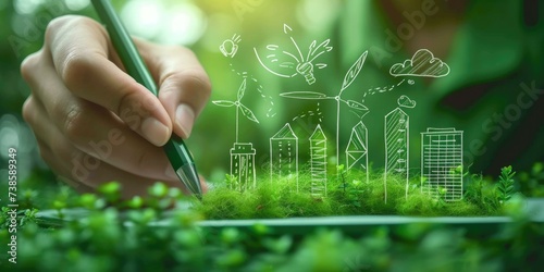 Green city concept with eco-friendly buildings and trees. Generative AI.