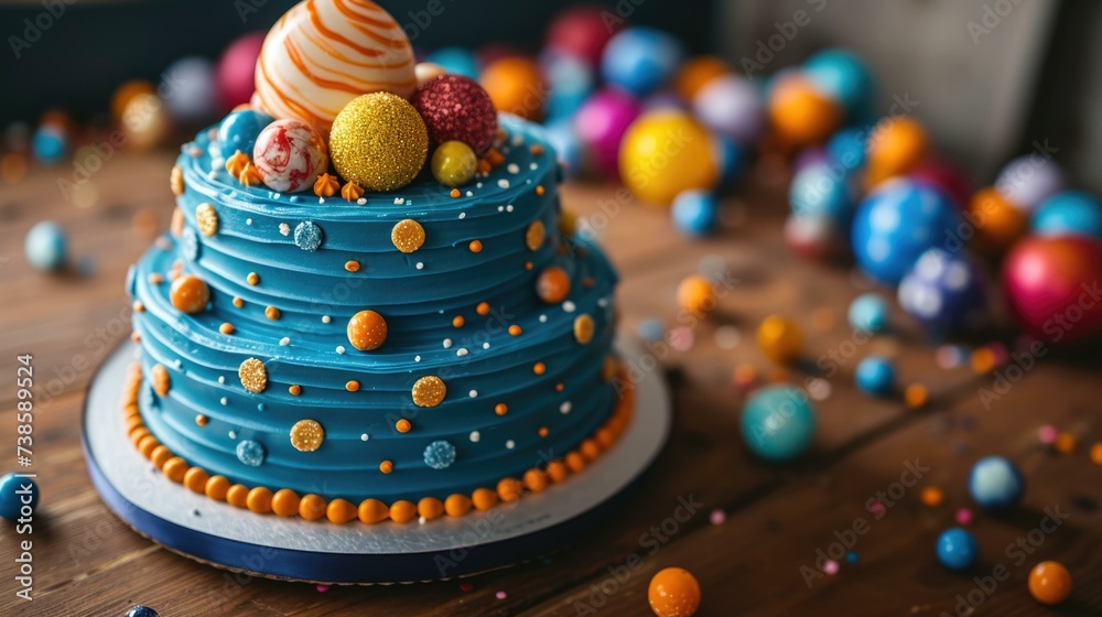 A blue astronaut cake with colorful eggs on top. Generative AI.