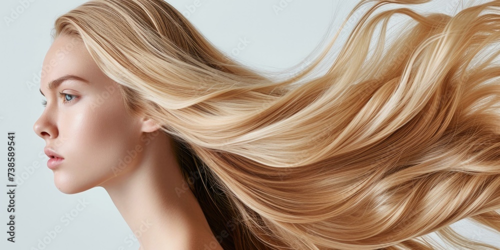 Beautiful blonde woman with long hair blowing in the wind. Generative AI. Beautiful blonde woman with long hair blowing in the wind. Generative AI.