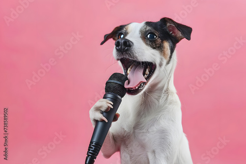 Funny cute dog sing a song and holding microphone isolated on pastel background. photo