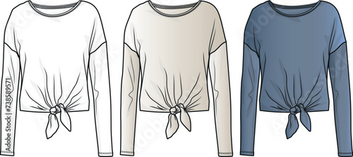 T SHIRT Design Vector Flat sketch, Technical Drawing. Black white and colorful blank design t shirt template. Womens fashion clothes design. Long sleeve T shirt collection