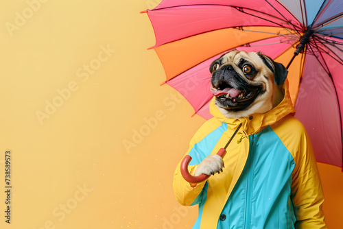 Funny cute dog with colorful umbrella on background.