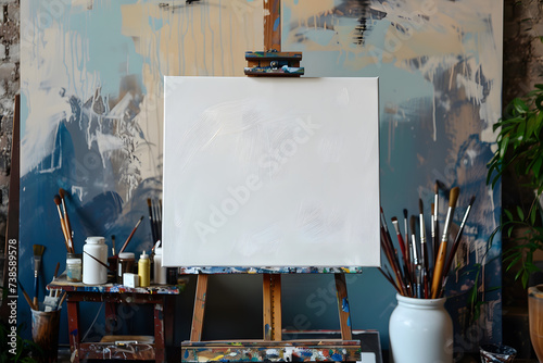 Wooden easel with blank canvas and painting tools near color wall in artist's room. photo