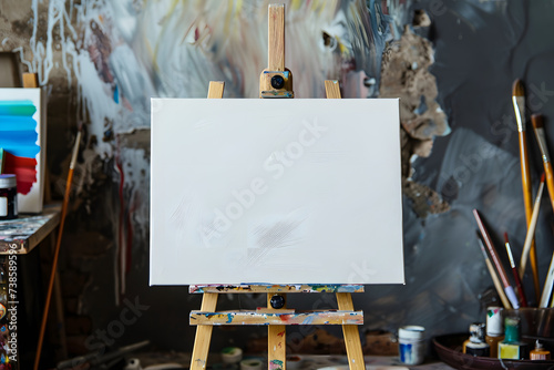 Wooden easel with blank canvas and painting tools near color wall in artist's room.