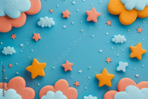 Stars and clouds in the sky in 3d clay style on background for kids.