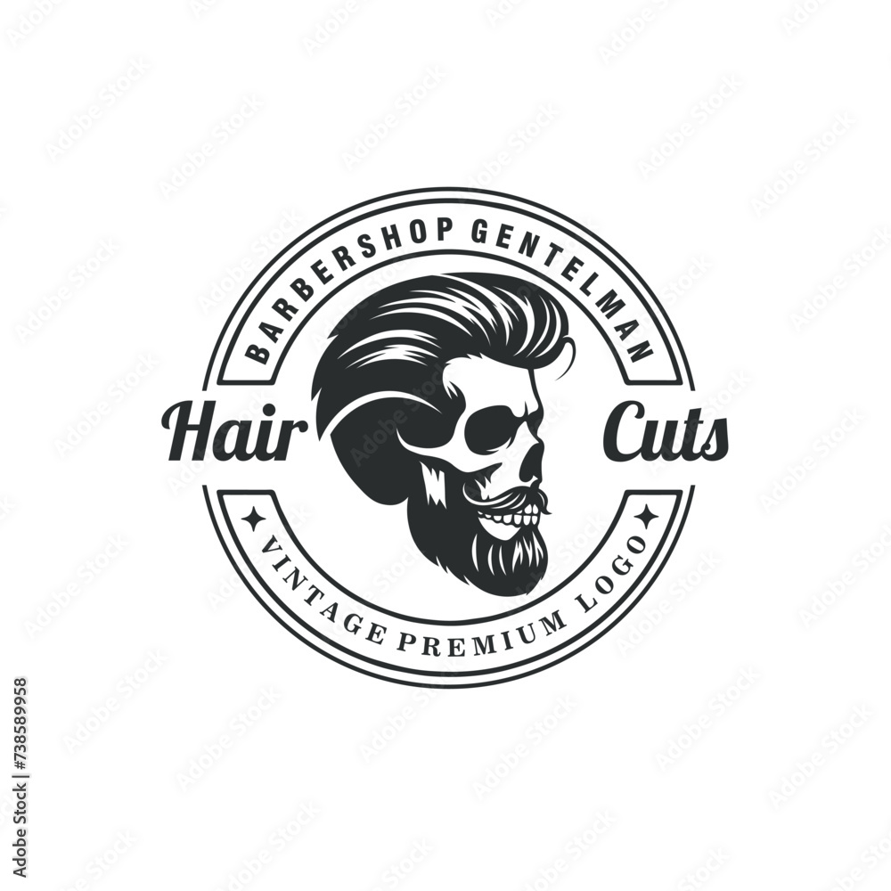 Obraz premium skull barbershop haircuts vintage badge logo vector graphic illustration