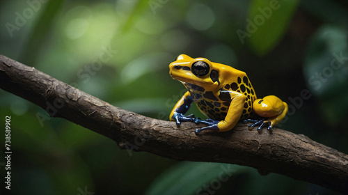 Golden poison dart frog perched on a tree branch with sufficient light high resolution