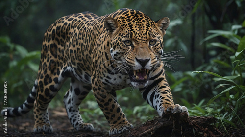 Landscape of a big vicious jaguar with its habitat in the background