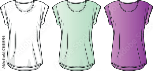 Fashion Flat Sketch Templates, Vector Fashion Design Illustrations.  Women's T-Shirt Drawing with Black, White and Color Options