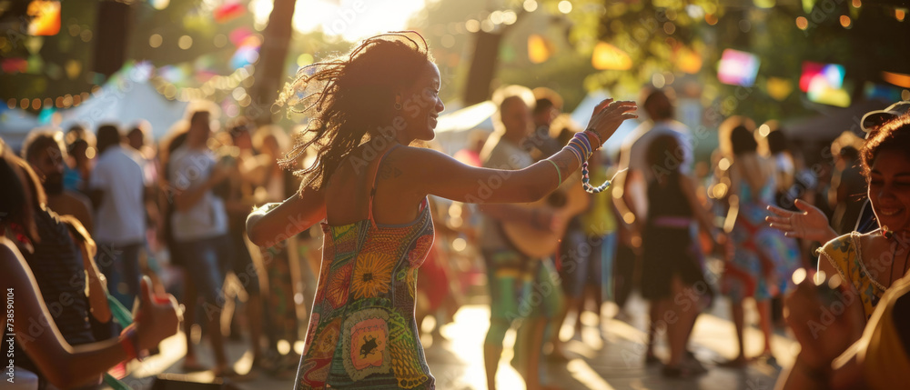 People dancing at a lively outdoor festival during sunset. Outdoor photography capturing movement and vibrant atmosphere. Celebration and community concept