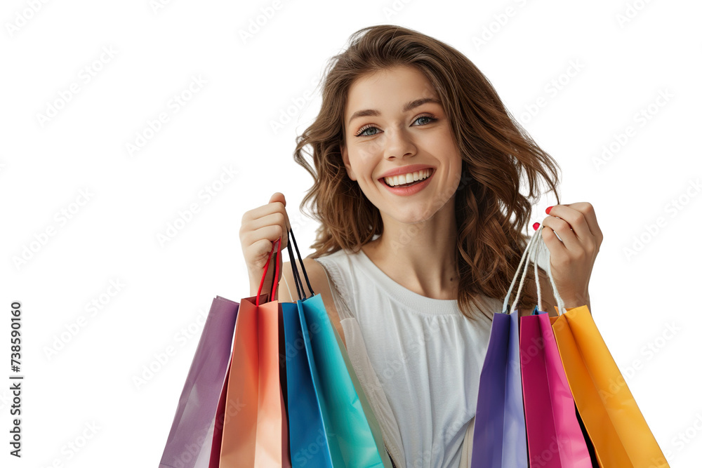 Cheerful happy woman enjoying shopping, isolated white background PNG