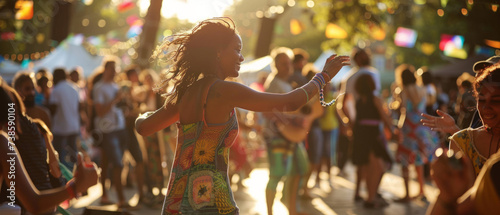 People dancing at a lively outdoor festival during sunset. Outdoor photography capturing movement and vibrant atmosphere. Celebration and community concept