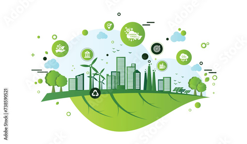 The concept of carbon credit with icons. Tradable certificate to drive industry and company to the direction of low emissions and carbon offset solution. Green vector illustration template.