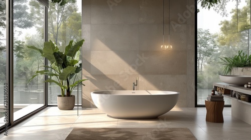 Modern Eco-Friendly Bathroom with Designer Tiling and Plant Decor. © Fat Bee
