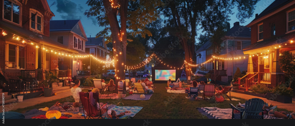 Outdoor movie night in a cozy neighborhood with string lights and blankets. Evening photography capturing community and relaxation. Family and entertainment concept Outdoor movie night in a cozy neighborhood with string lights and blankets. Evening photography capturing community and relaxation. Family and entertainment concept