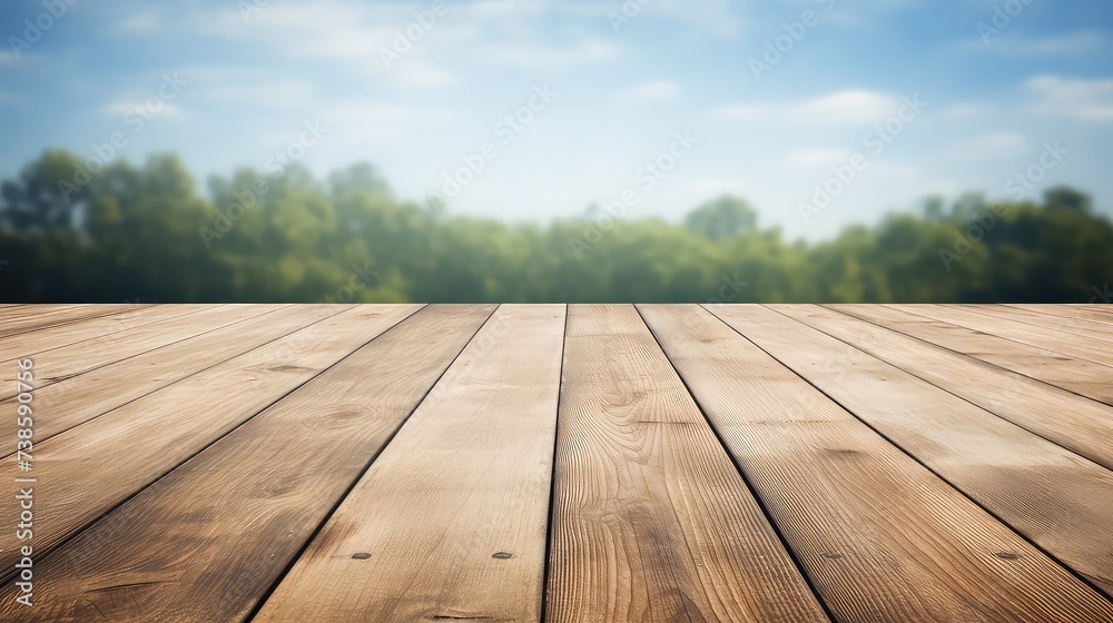 Wooden floor with forest and blue sky background. Wood texture.
