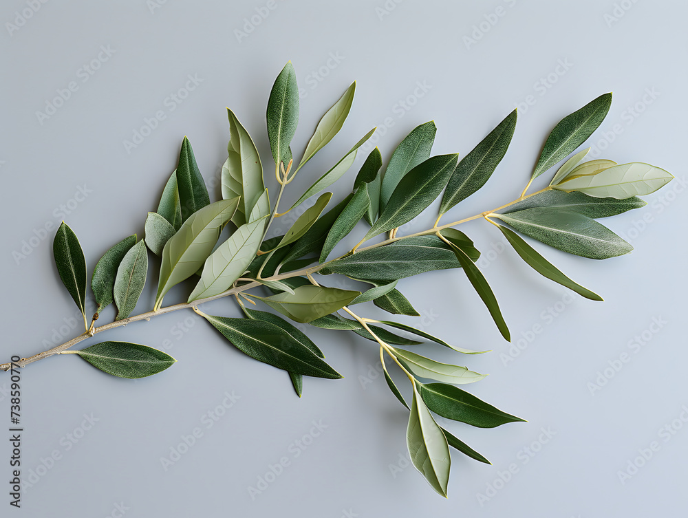 A branch of an olive tree with green leaves and olives against a beige background.
