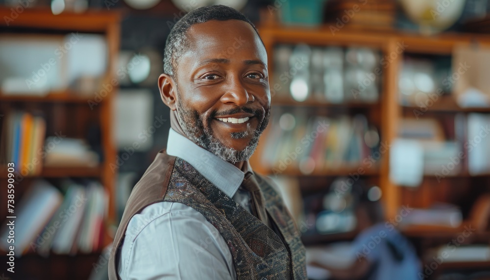 A middle-aged teacher in a school classroom teaching students. American style of teaching. Friendly atmosphere A middle-aged teacher in a school classroom teaching students. American style of teaching. Friendly atmosphere