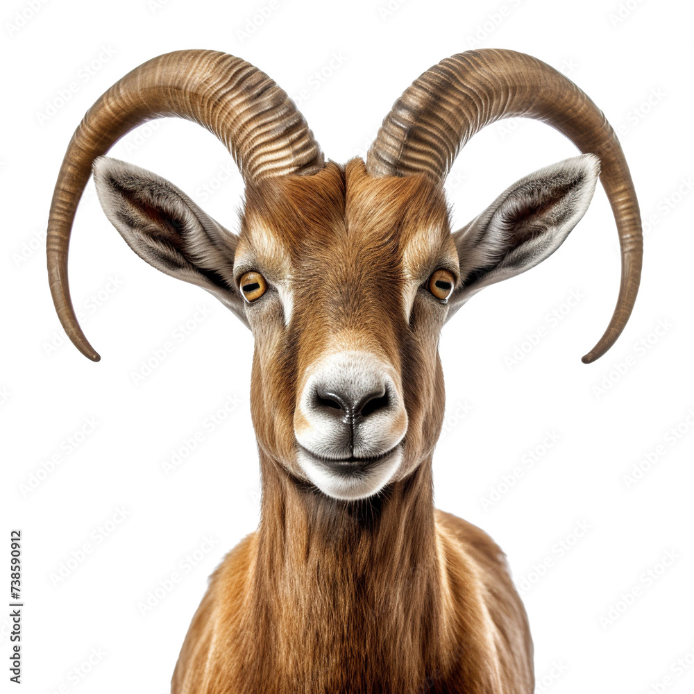 Ibex portrait view isolated on transparent or white background