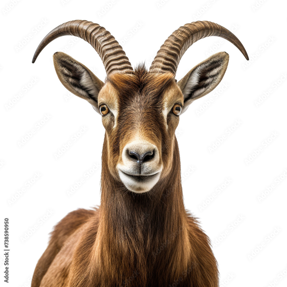 Ibex portrait view isolated on transparent or white background