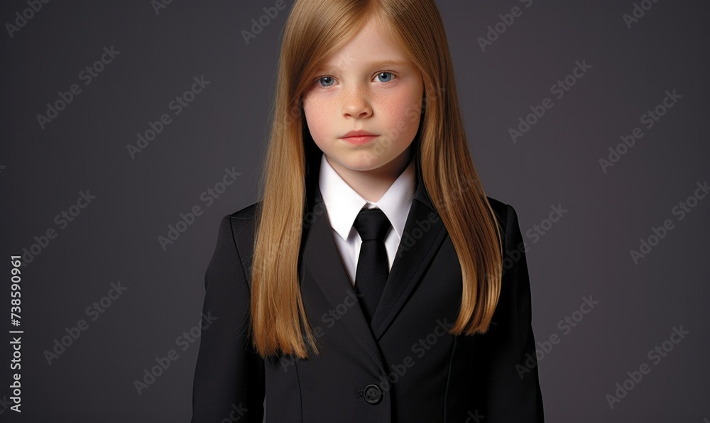 A little girl in a suit and tie. Generative AI. A little girl in a suit and tie. Generative AI.