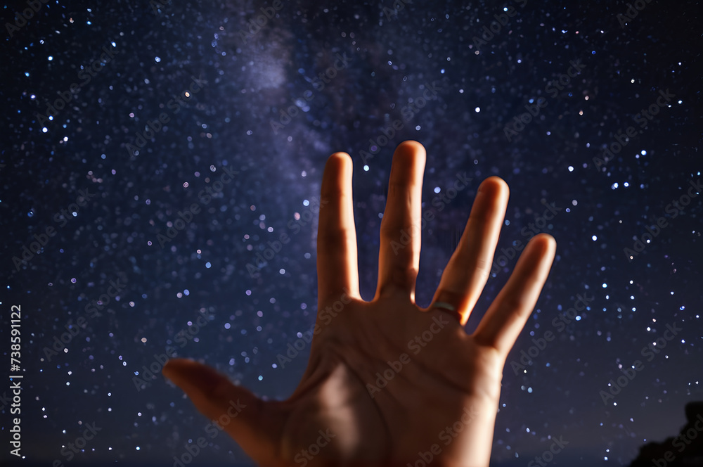 The palm of a man against the background of the starry sky. The palm of a man against the background of the starry sky.