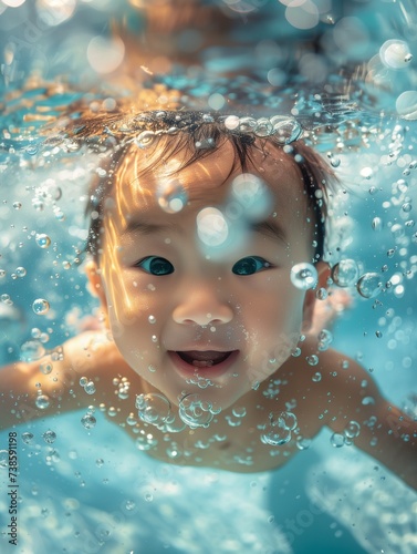 happy kid swimming underwater with bubbles around © Ivana