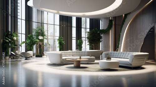 Elegant reception or lobby area in modern building interior. Comfortable seating with natural lighting.