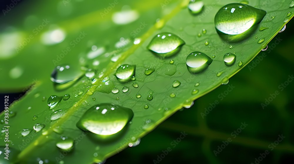 Macro view of dew drops on vibrant green leaves Macro view of dew drops on vibrant green leaves