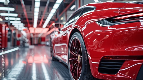 Luxurious Red Sports Car Showcased in Futuristic Automotive Facility © Fat Bee