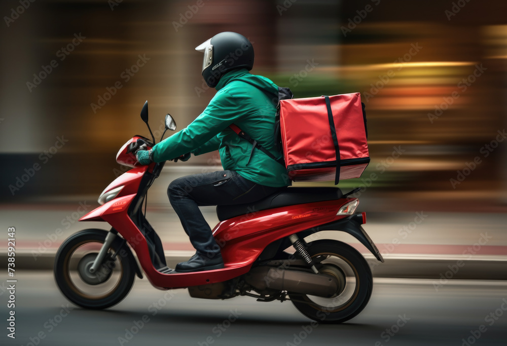 fast  Delivery man riding a motorcycle with green delivery box