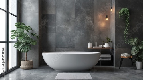 Sleek Modern Bathroom with Freestanding Bathtub and Monochromatic Decor