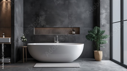 Contemporary Grey Bathroom Featuring a Bold Bathtub and Plant Decor