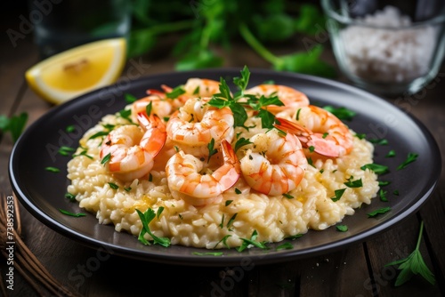 italian lunch shrimp creamy risotto cheese rice fried cook menu on white dish.