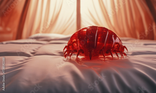 Bedbug Close up of Cimex hemipterus - bed bug on bed background photo