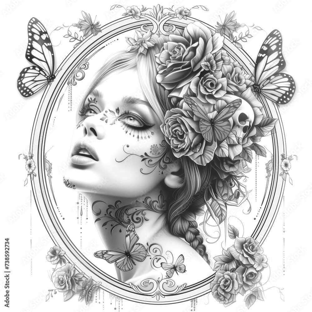 Fototapeta premium Dia de los Muertos coloring page for kids and adults illustration. For banners, advertisements, posters, backgrounds, invitations.