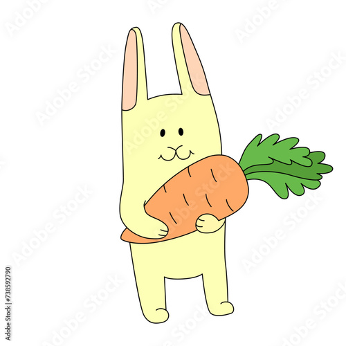The Easter bunny is holding a carrot. Vector illustration isolated on white