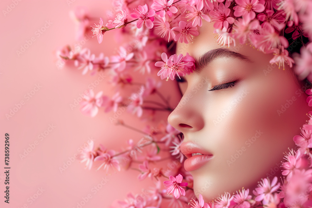 beautiful young woman with flower on head - banner for sale cosmetics