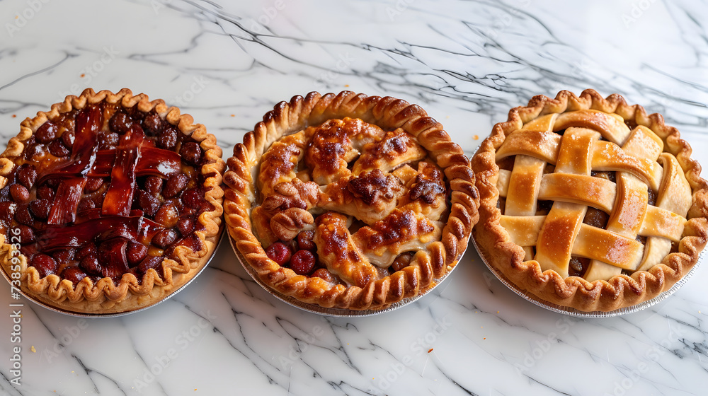A marble counter displays three pies, one with almonds, one with berries, and one with chocolate.