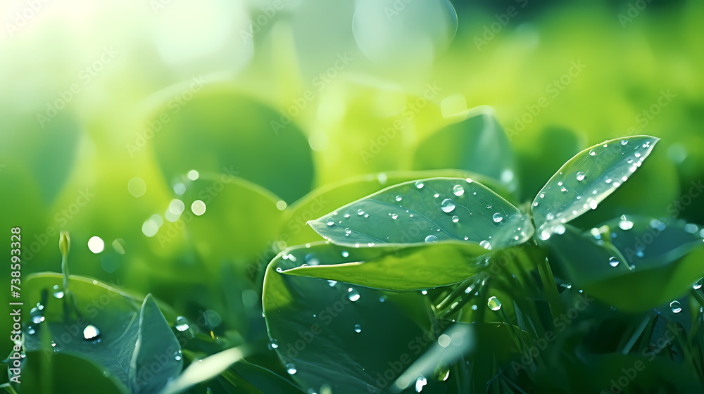 Large beautiful transparent raindrops on green leaves macro Large beautiful transparent raindrops on green leaves macro