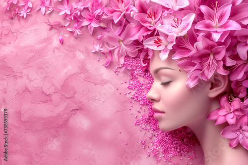 Beauty close-up portrait of a woman with flowers over her head . Wreath of flowers Spring Summer Fashion Lifestyle