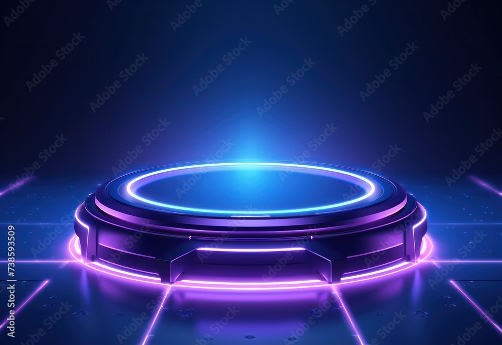 Podium round purple blue neon light futuristic platform teleport tech cyber graphic on dark background. - obrazy, fototapety, plakaty 