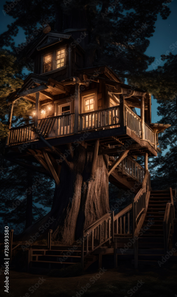 Large tree house with lights on inside