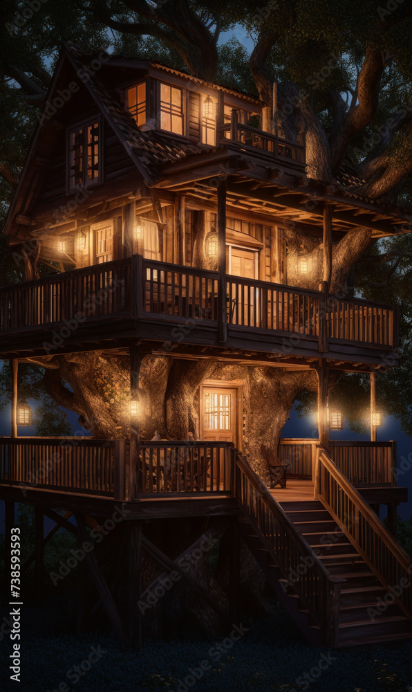 Large treehouse with lights inside in the evening